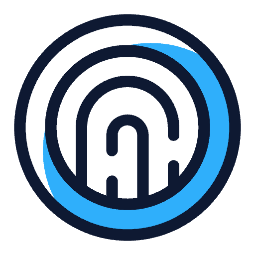 A stylised fingerprint formed by black and blue curved lines inside a circle on a light grey background.