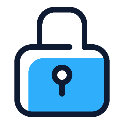 A blue and white padlock icon with a keyhole in the centre, outlined in black, on a light background.