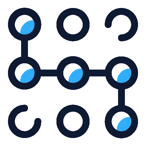 A 3x3 pattern lock grid with black circles and some blue segments, resembling a phone screen lock interface.