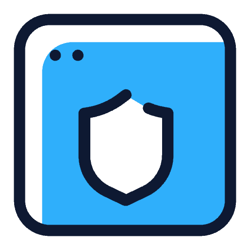 A blue and white app icon with a black shield symbol in the centre and two small black dots in the top left corner.