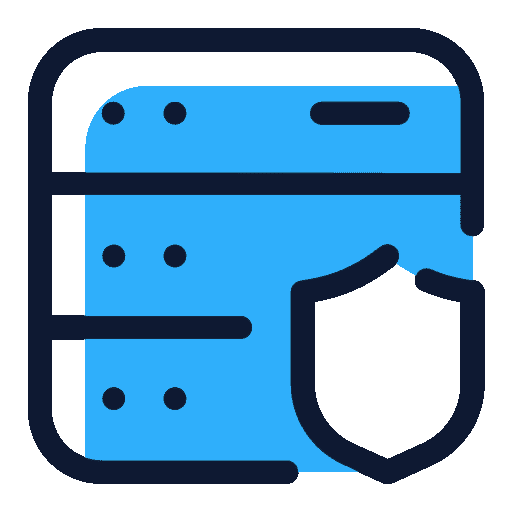 Blue and black icon of a server with a shield in front, representing data security or server protection.