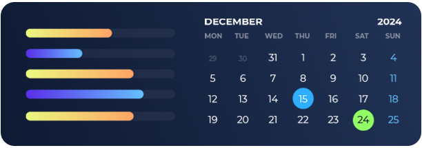 A December 2024 calendar with coloured progress bars on the left; 15 and 24 December are highlighted.
