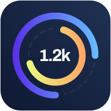A dark blue square with circular progress bars and 1.2k displayed in the centre.