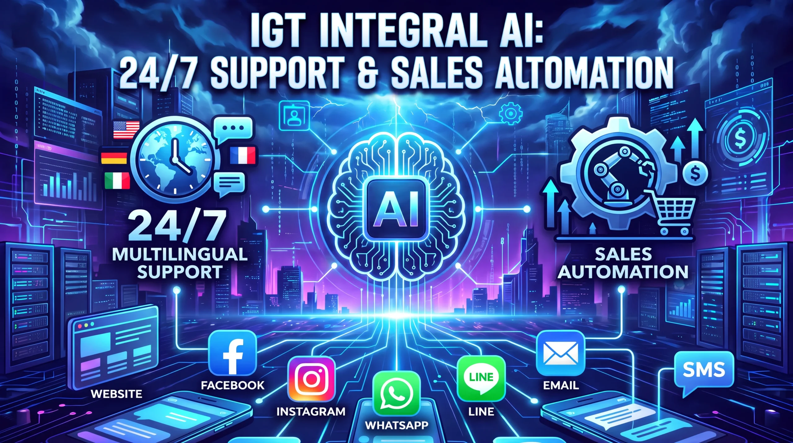 Futuristic AI interface showing 24/7 support, sales automation icons, and social media/contact app logos on a digital cityscape.
