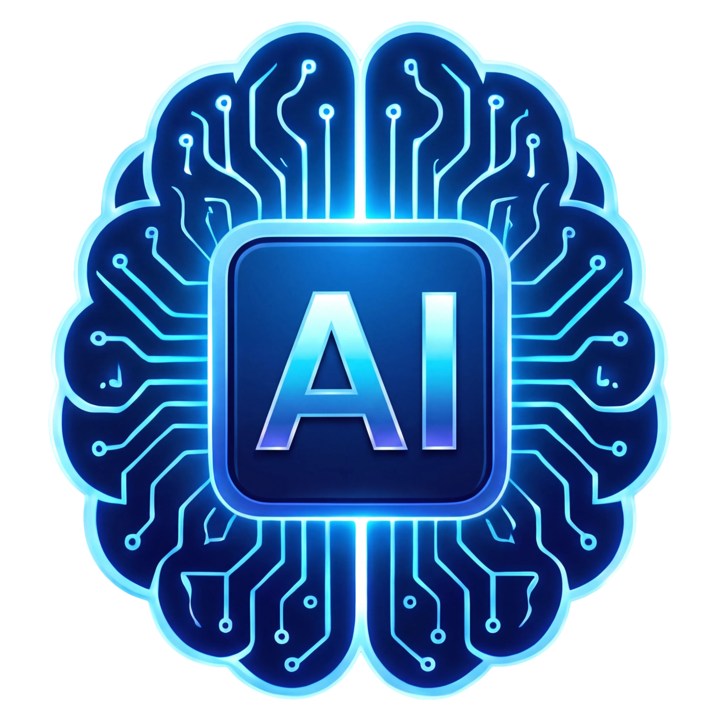 A glowing digital brain with circuitry patterns and a central AI block in the middle, symbolising artificial intelligence.